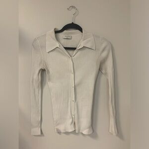 Babaton White Ribbed Button-Up Top